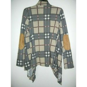 Saved By The Dress Women's Open Front Cardigan Gray Brown Plaid Patched Elbow L